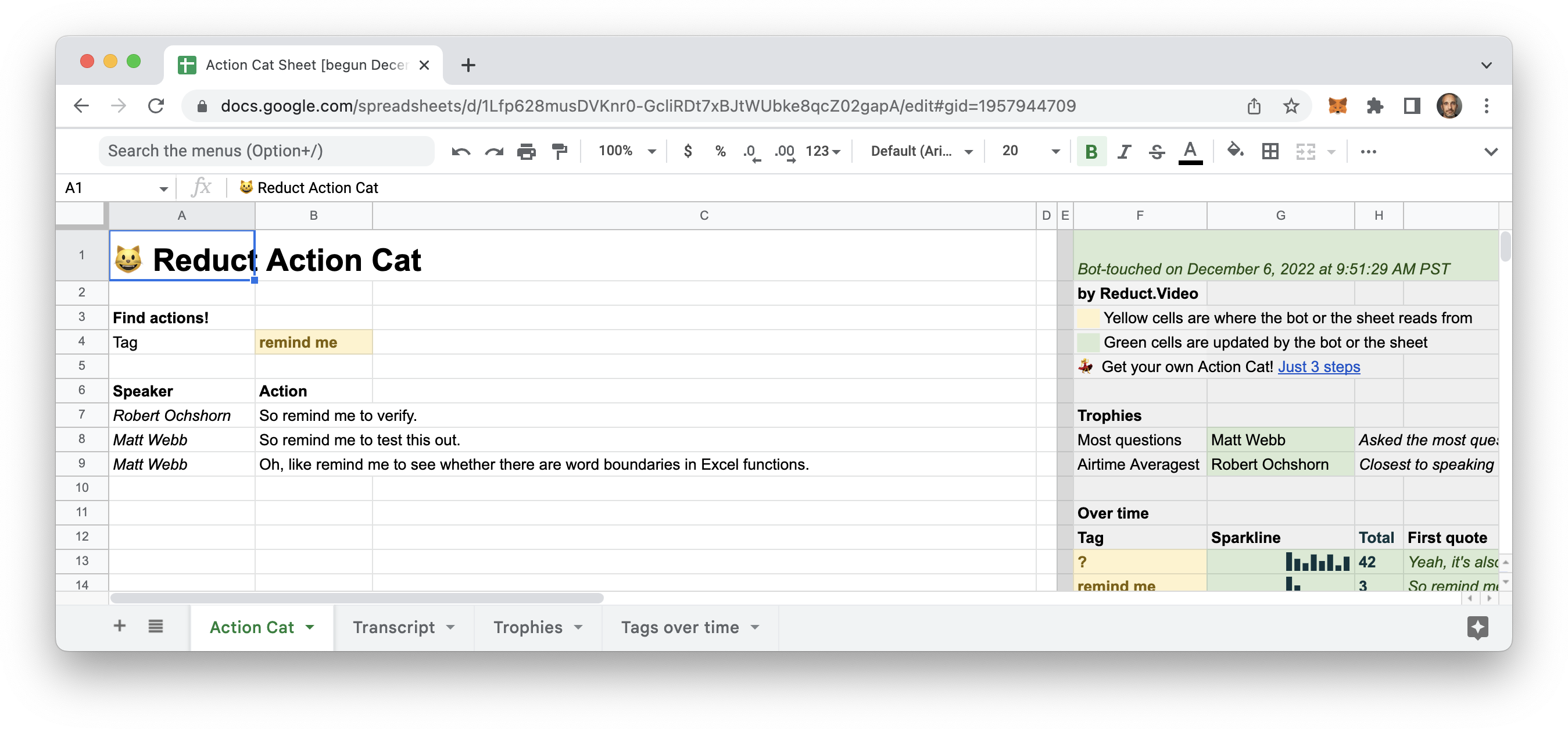 The main tab of the output spreadsheet showing a user-configuration tag 'remind me' and lines from the transcript containing that tag.