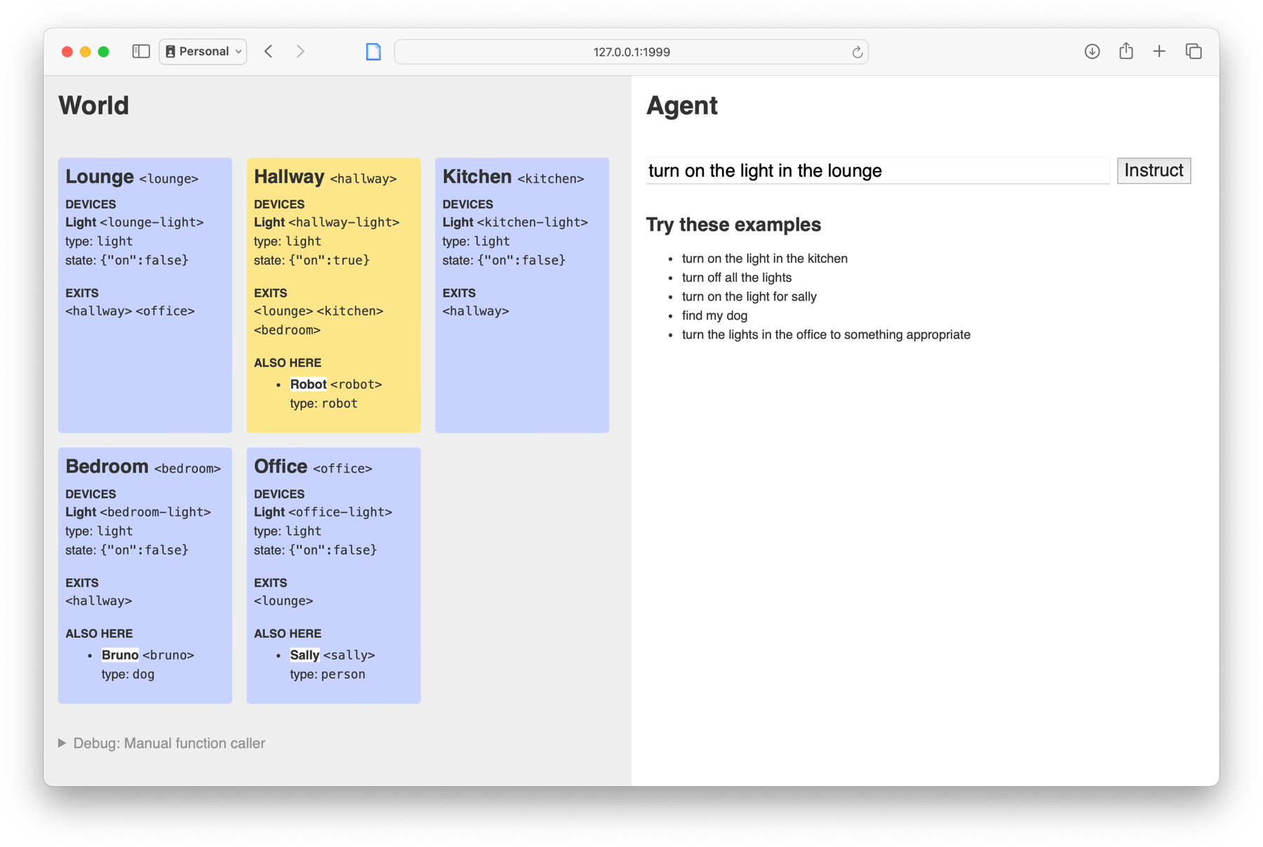 A browser window showing a website. The left column, titled World, shows blue and yellow boxes named Hallway, Bedroom, and show on. The right column, titled Agent, has a text input field.